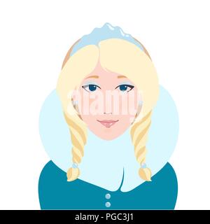 Blonde Frau flach Portrait als Schnee maiden Snegurochka in kokoshnik Eis Krone und blauen Pelzmantel lächelnd Vector Illustration Stock Vektor