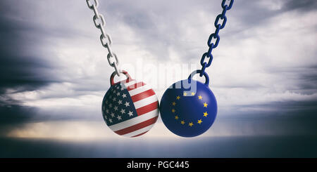 Uns von Amerika und der Europäischen Union Beziehungen. USA und EU-Flaggen wrecking Bälle schwingen auf blauen bewölkten Himmel Hintergrund. 3D-Darstellung Stockfoto