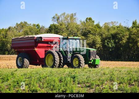 Traktor ziehen einer roten Harvester in einem Feld unter einem klaren blauen Himmel Stockfoto
