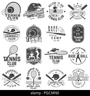 Satz von Baseball und Tennis club Abzeichen. Vector Illustration. Konzept für Hemd oder Logo, Print, Stempel oder T-Stück. Design mit Baseballschläger, Catcher, Adler, Ball, tennis player und Tennisschläger Silhouette. Stock Vektor