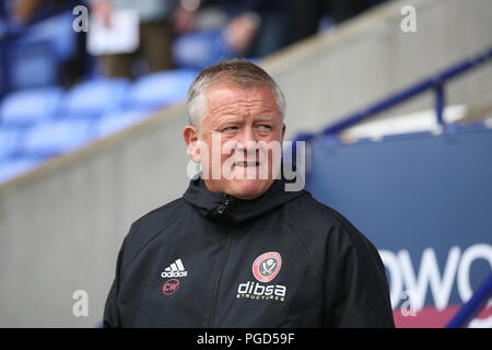 Bolton, Lancashire, UK. 25 August, 2018. Sheffield United Manager Chris Wilder im dugout vor der EFL Meisterschaftspiel Bolton Wanderers v Sheffield United. Foto: Simon Newbury/Alamy leben Nachrichten Stockfoto