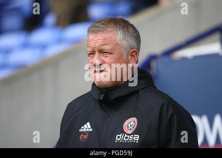 Bolton, Lancashire, UK. 25 August, 2018. Sheffield United Manager Chris Wilder im dugout vor der EFL Meisterschaftspiel Bolton Wanderers v Sheffield United. Foto: Simon Newbury/Alamy leben Nachrichten Stockfoto