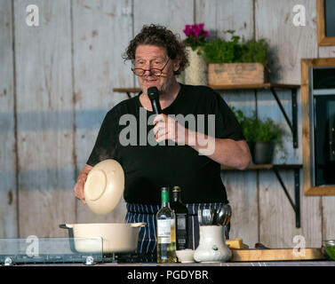 Küchenchef Marco Pierre White kocht ein Risotto auf der THOMSON NEFF große Küche Stadium während der großen Feastival bei Alex James' Farm in Kingham, Oxfordshire. Stockfoto