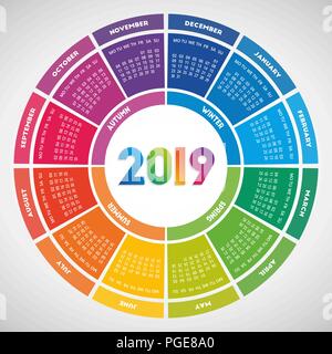 Bunte runde Kalender 2019 Design. Woche beginnt am Montag Stock Vektor