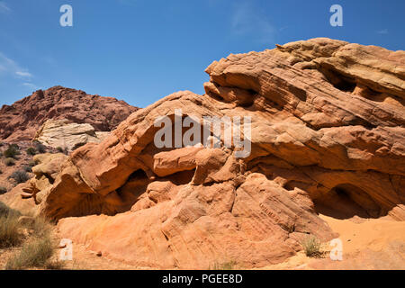 NV 00005-00 ... NEVADA-Szene aus der Mojave-wüste mit Schichten von Aztec Sandstein in Valley of Fire State Park. Stockfoto