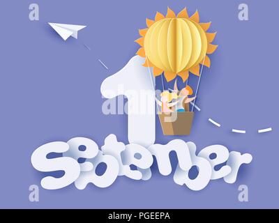 Zurück zu Schule 1. september Karte mit Kindern, Blätter und Sonne geformten Ballon auf und blauer Himmel. Vector Illustration. Papier geschnitten und Handwerk Stil. Stock Vektor