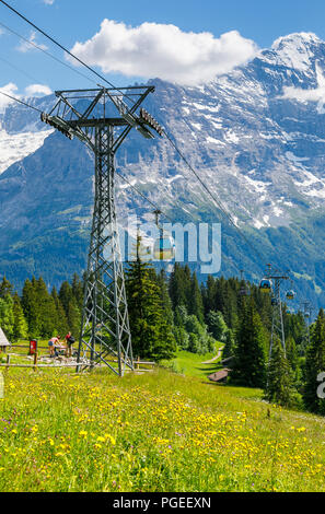 Grindelwald First Gondelbahn an Bort Mitte - Bahnhof, blühenden Wiesen und den Eiger, Jungfrau Region, Berner Oberland, Schweiz Stockfoto