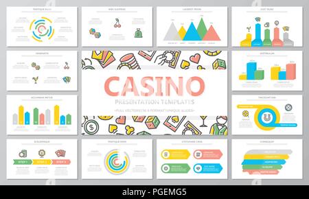 Glücksspiel und Casino multipurpose Präsentation Vorlagen und Infografiken Elemente auf weißem Hintergrund. Verwenden Sie für Business Jahresbericht, Flyer, Corporate Marketing, Prospekt, Werbung, Broschüre. Stock Vektor