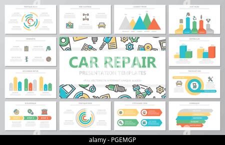 Auto Service und Auto Reparatur multipurpose Präsentation Vorlagen und Infografiken Elemente auf weißem Hintergrund. Verwenden Sie für Business Jahresbericht, Flyer, Corporate Marketing, Prospekt, Werbung, Broschüre. Stock Vektor