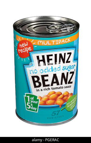 Eine Dose mit Heinz, ohne Zusatz von Zucker beanz gebackene Bohnen auf weißem Hintergrund Stockfoto