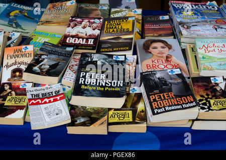 Bücher und Zeitschriften für den Verkauf außerhalb ein Blaues Kreuz liebe Shop, Großbritannien Stockfoto