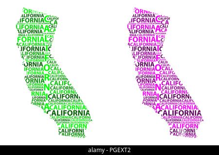 Skizze Kalifornien (Vereinigte Staaten von Amerika, der Golden State) schreiben Text Karte, Kalifornien Karte - in der Form des Kontinents, Karte Kalifornien - grün Stock Vektor