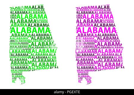 Skizze Alabama (Vereinigten Staaten von Amerika, der Goldammer wären Staatliche) schreiben Text Karte, Alabama Karte - in der Form des Kontinents, Karte Alabama - grün Ein Stock Vektor