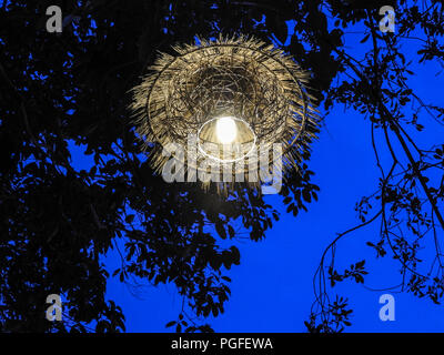 Rustikale Lampenschirm hängt Overhead unter der Silhouette Zweige eines Baumes. Deep Blue Twilight Himmel Hintergrund Stockfoto