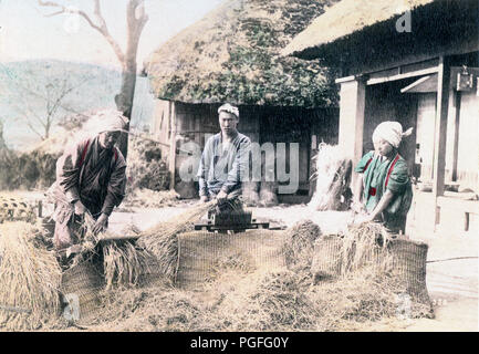 [C. 1890 Japan - Japanische Landwirte Dreschen von Reis] - Landwirte Dreschen von Reis mit einer treten, die Maschine vor der traditionellen landwirtschaftlichen Gebäuden. Die gedroschenen Reis ist die Trocknung auf Matten auf dem Boden. Original text: "Ernte die Ernte von Reis." Eiweiß foto Nobukuni Enami, 1890 in Japan veröffentlicht wurde, beschrieben und illustriert durch die Japaner', Shogun Ausgabe herausgegeben von Kapitän F Brinkley. 1897 von J B Hirse Company, Boston, Massachusetts, USA veröffentlicht. 19 Vintage albumen Foto. Stockfoto