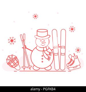 Winter im Freien genießen können. Schneemann mit Ski- und Hockey Ausrüstung. Vektor cartoon Skifahrer Symbol. Design für Werbung von aktiven Lebensstil. Stock Vektor