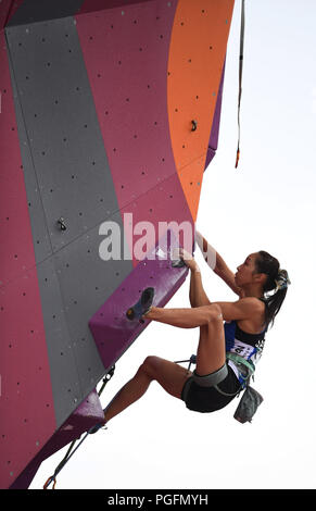 Palembang, Indonesien. 26 Aug, 2018. Akiyo Noguchi aus Japan konkurriert, während Frauen kombinierten endgültig vom Sportklettern Ereignis am 18. Asian Games 2018 in Palembang, Indonesien, 26.08.2018. Credit: Cheng Min/Xinhua/Alamy Leben Nachrichten Quelle: Xinhua/Alamy leben Nachrichten Stockfoto