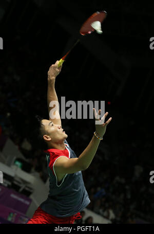 Jakarta, Indonesien. 25 Aug, 2018. Kento Momota (JPN) Badminton: Männer Singles Runde 16 an Anthony Sinisuka Ginting während der 2018 Jakarta Palembang Asian Games in Jakarta, Indonesien. Quelle: LBA/Alamy leben Nachrichten Stockfoto