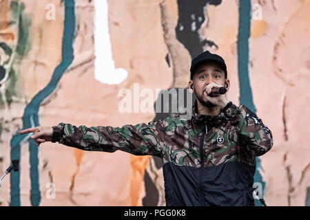 Mike Shinoda führt live auf der Bühne bei Leeds Festival, UK, 26. August 2018. Stockfoto