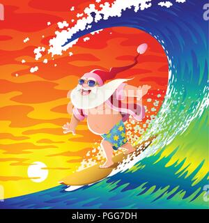Santa ist das Surfen auf einer großen Welle. Stock Vektor