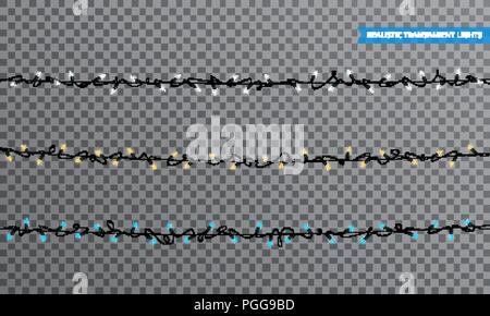 Weihnachtsbeleuchtung. Realistischen Licht Design Elemente mit Transparenz. Leuchtende Lichter für den Winterurlaub. Glänzende Girlanden für Weihnachten und Neujahr Stock Vektor