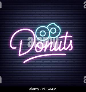 Donuts. Donuts Leuchtreklame. Neon leuchtenden Schild Banner Design Stock Vektor
