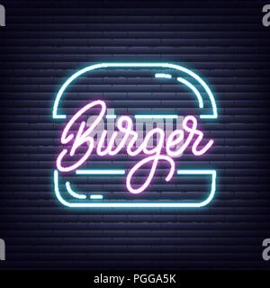 Burger. Burger Leuchtreklame. Neon leuchtenden Schild Banner Design Stock Vektor