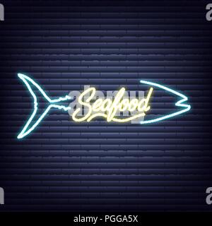 Fisch und Meeresfrüchte. Meeresfrüchte Leuchtreklame. Neon leuchtenden Schild Banner Design Stock Vektor