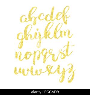 Gold Glitzer Skript Alphabet. Glänzend Pinsel Kalligraphie Schrift Stock Vektor