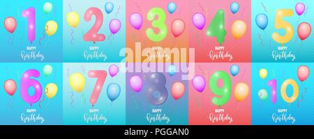 Geburtstag Karten. Ballon zahlen, glänzend Konfetti, Beschriftung und trendigen Hintergrund Stock Vektor