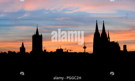 Schwarze Silhouette der Kathedrale in Köln mit Blau und Orange bewölkter Himmel bei Sonnenuntergang Panorama Stockfoto