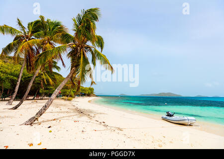 Idyllischen tropischen Strand mit weissem Sand, Palmen und das türkisblaue Karibische Meer Wasser auf der exotischen Insel Tobago Cays, St. Vincent und die Grenadinen Stockfoto