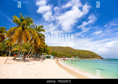 Idyllischen tropischen Strand mit weissem Sand, Palmen und das türkisblaue Karibische Meer Wasser auf mayreau Island in St. Vincent und die Grenadinen Stockfoto