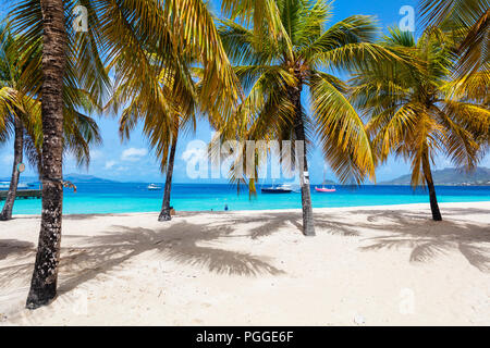 Idyllischen tropischen Strand mit weissem Sand, Palmen und das türkisblaue Karibische Meer Wasser auf der exotischen Insel in St. Vincent und die Grenadinen Stockfoto