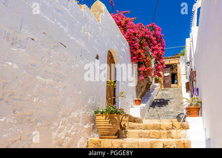 Wunderschöne griechische Straße mit Sommerblumen in Lindos Village. Die Insel Rhodos. Griechenland. Stockfoto