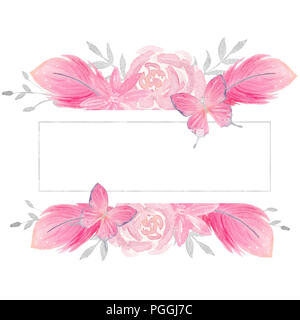Aquarell rosa blumenmuster Abbildung. Vorgefertigte Umrandung mit Rosen, Schmetterlingen und Federn. Perfekt für die hochzeit einladung, Zitate, Geburtstag und Stockfoto