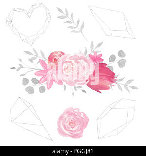 Satz von Aquarell florale Komposition mit Blumen, Blätter, und polygonale Frames. Ideal für Hochzeit, Einladungen, blogs, Vorlage Karte. Stockfoto