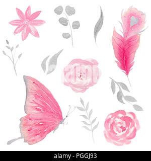 Satz von Hand gemalte Aquarell Herzen und Kuchen. Isolierte Cliparts für Hochzeit, Einladungen, blogs, Vorlage Karte. Stockfoto