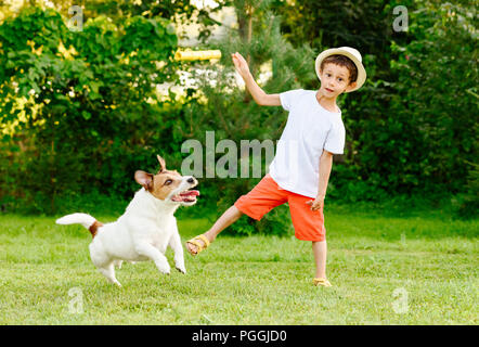 Lustig Kind Junge wirft Stick mit seinem Hund spielen Spiel holen Stockfoto