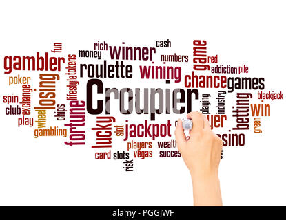 Croupier Wort cloud und Hand schreiben Konzept auf Farbübergang Hintergrund. Stockfoto