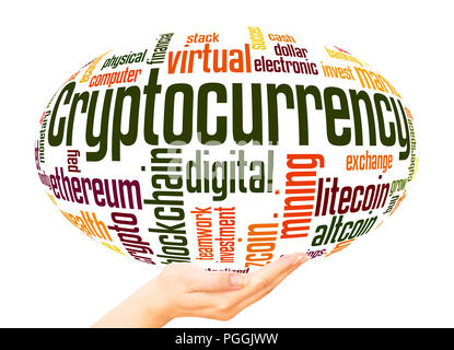 Cryptocurrency Wort Cloud Hand Kugel Konzept auf weißem Hintergrund. Stockfoto