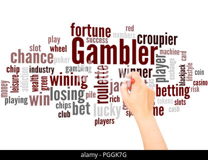 Spieler spielen Word cloud und Hand schreiben Konzept auf weißem Hintergrund. Stockfoto
