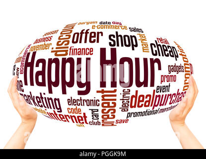 Happy Hour Wort cloud Sphäre Konzept auf weißem Hintergrund. Stockfoto