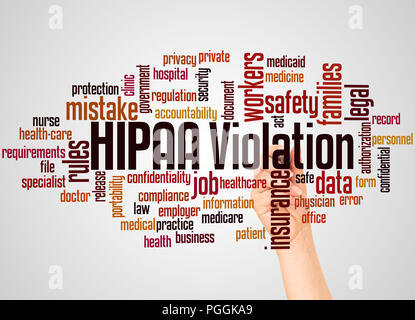 HIPAA-verletzung Wort cloud und Hand mit Marker Konzept auf Farbübergang Hintergrund. Stockfoto