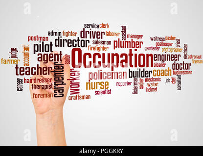 Beruf word Cloud und Hand mit Marker Konzept auf weißem Hintergrund. Stockfoto