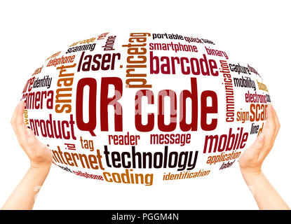 QR-Code word cloud Sphäre Konzept auf weißem Hintergrund. Stockfoto