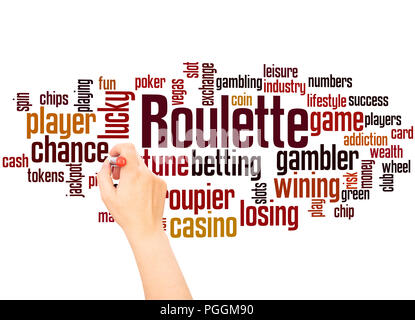 Roulette Wort cloud und Hand schreiben Konzept auf weißem Hintergrund. Stockfoto
