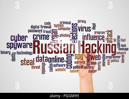 Russische hacking Wort cloud und Hand mit Marker Konzept auf Farbübergang Hintergrund. Stockfoto
