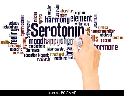 Serotonin Wort cloud hand Konzept Schrift auf weißen Hintergrund. Stockfoto