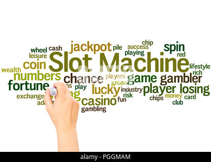 Slot machine word Cloud und Hand schreiben Konzept auf weißem Hintergrund. Stockfoto